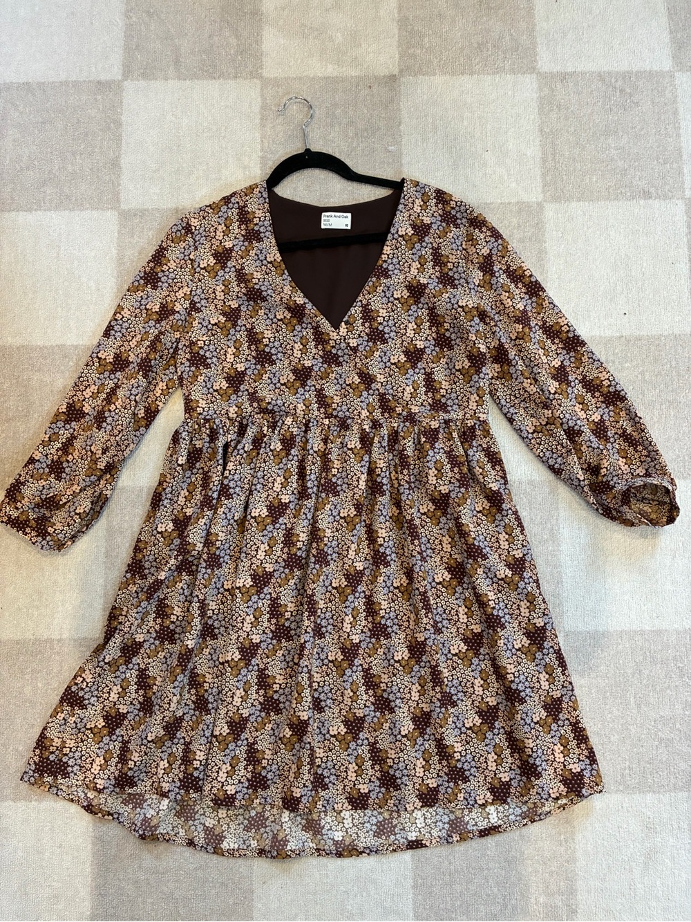 Frank & Oak Brown & purple Floral V‑Neck Mini Dress